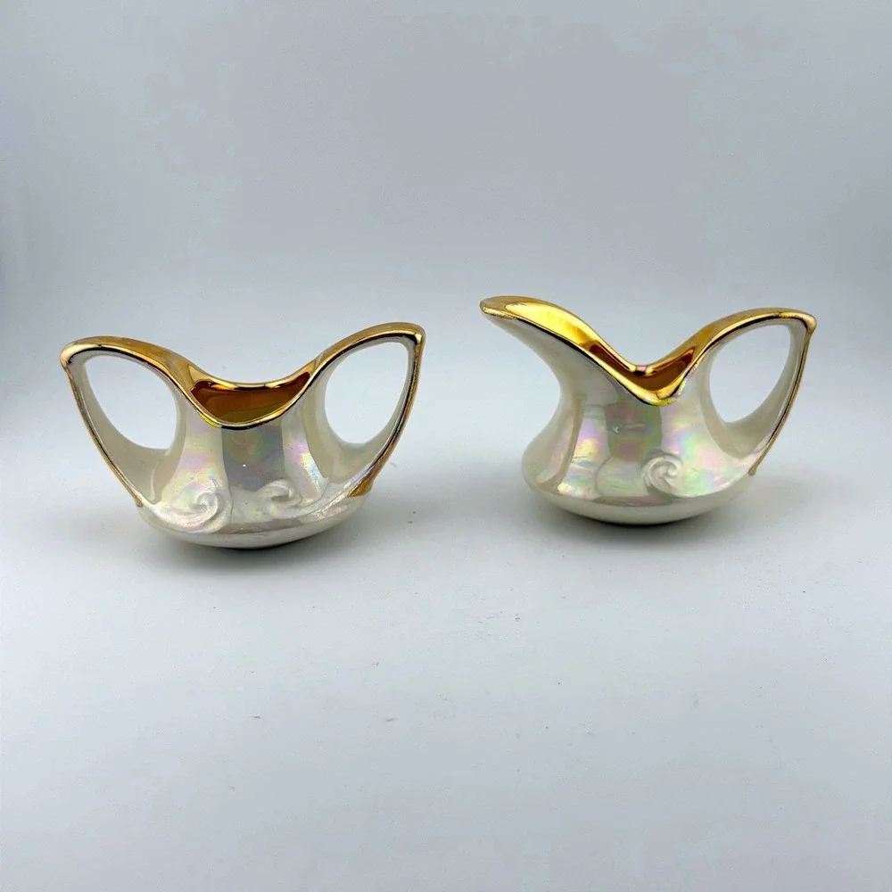 Pearl China Co Vintage Iridescent Lusterware 22KT Gold Creamer Sugar Bowl Set
